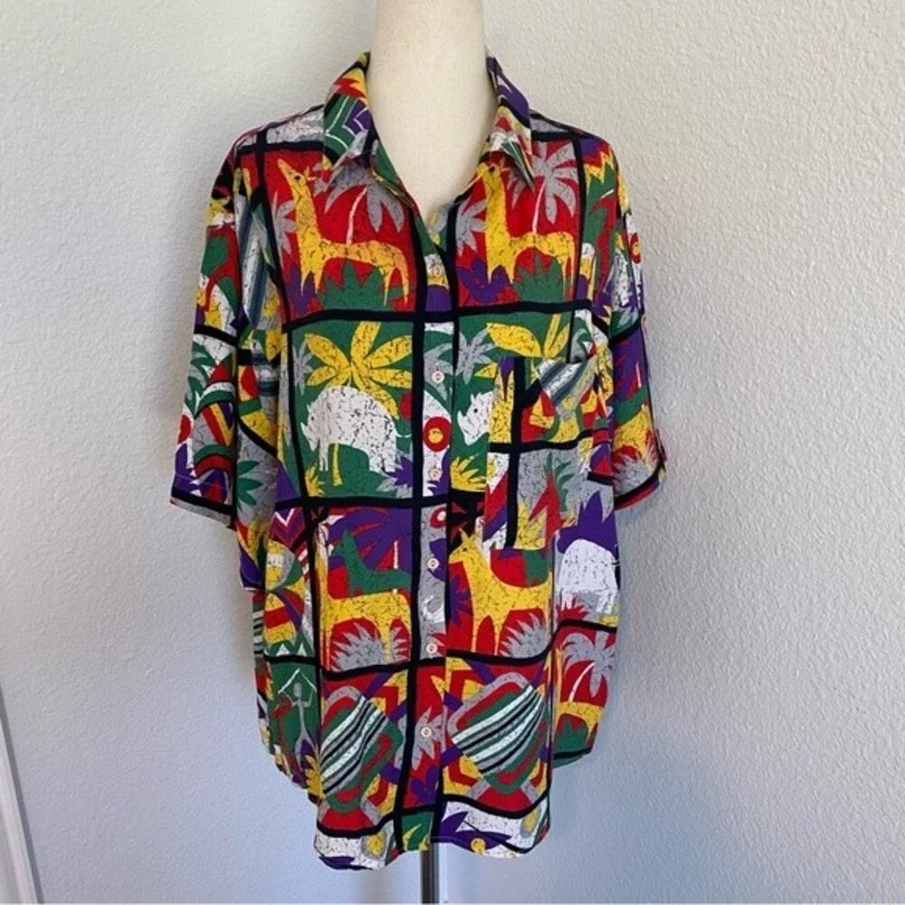 Vintage Bellows Brut Le Garage France Red Blue Vibrant Color Tropical Top SZ L